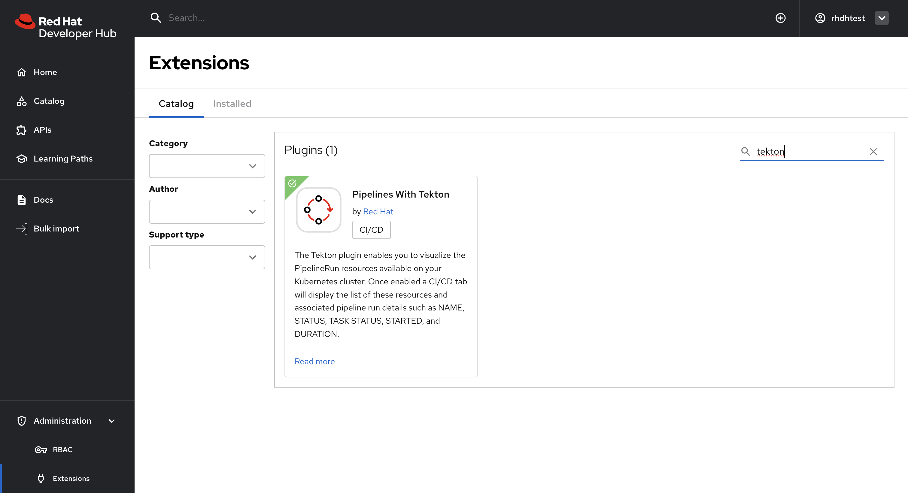 Extensions catalog with Tekton card