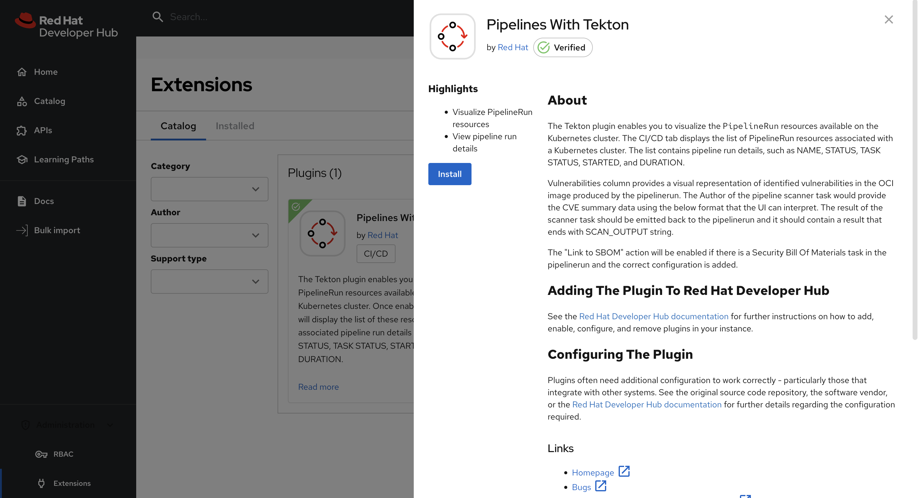 Extensions catalog with Tekton details