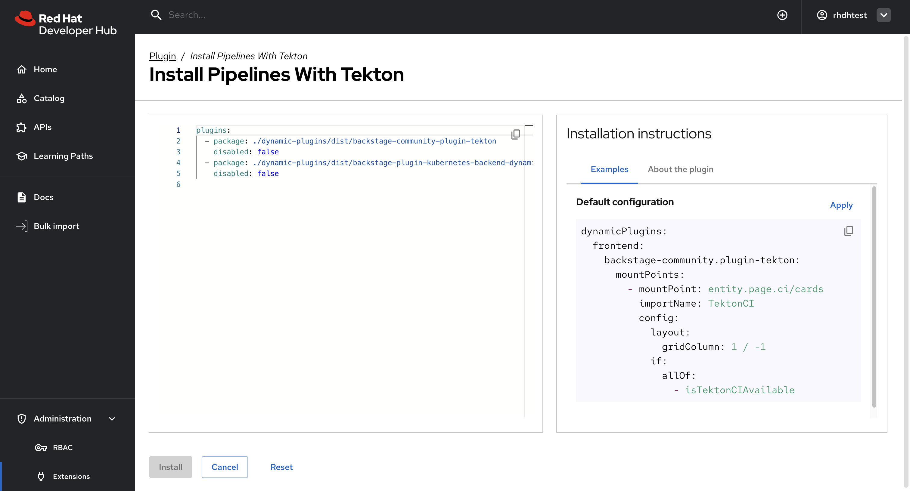Extensions catalog with plugin editor template