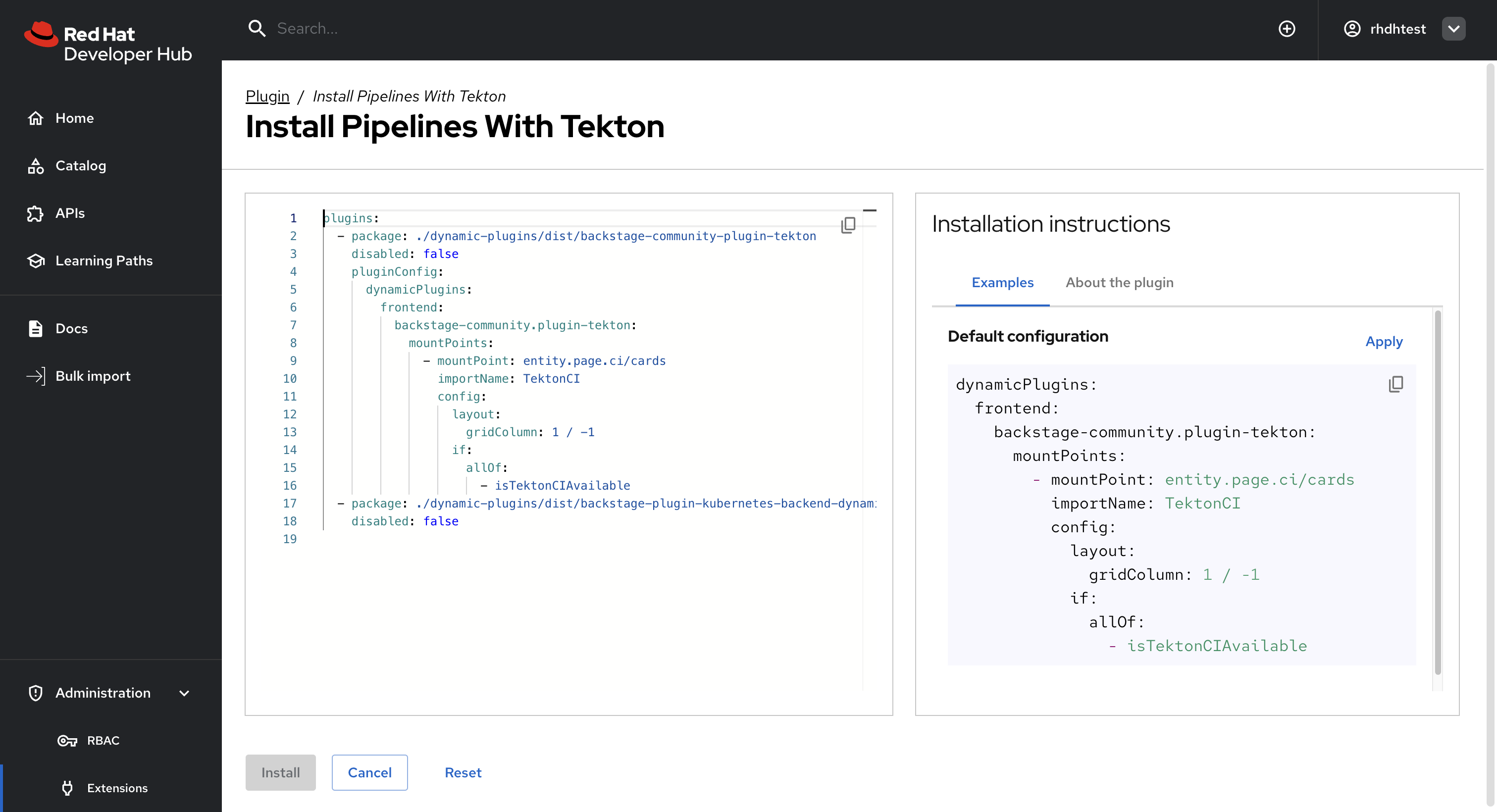 Extensions catalog with Tekton configuration