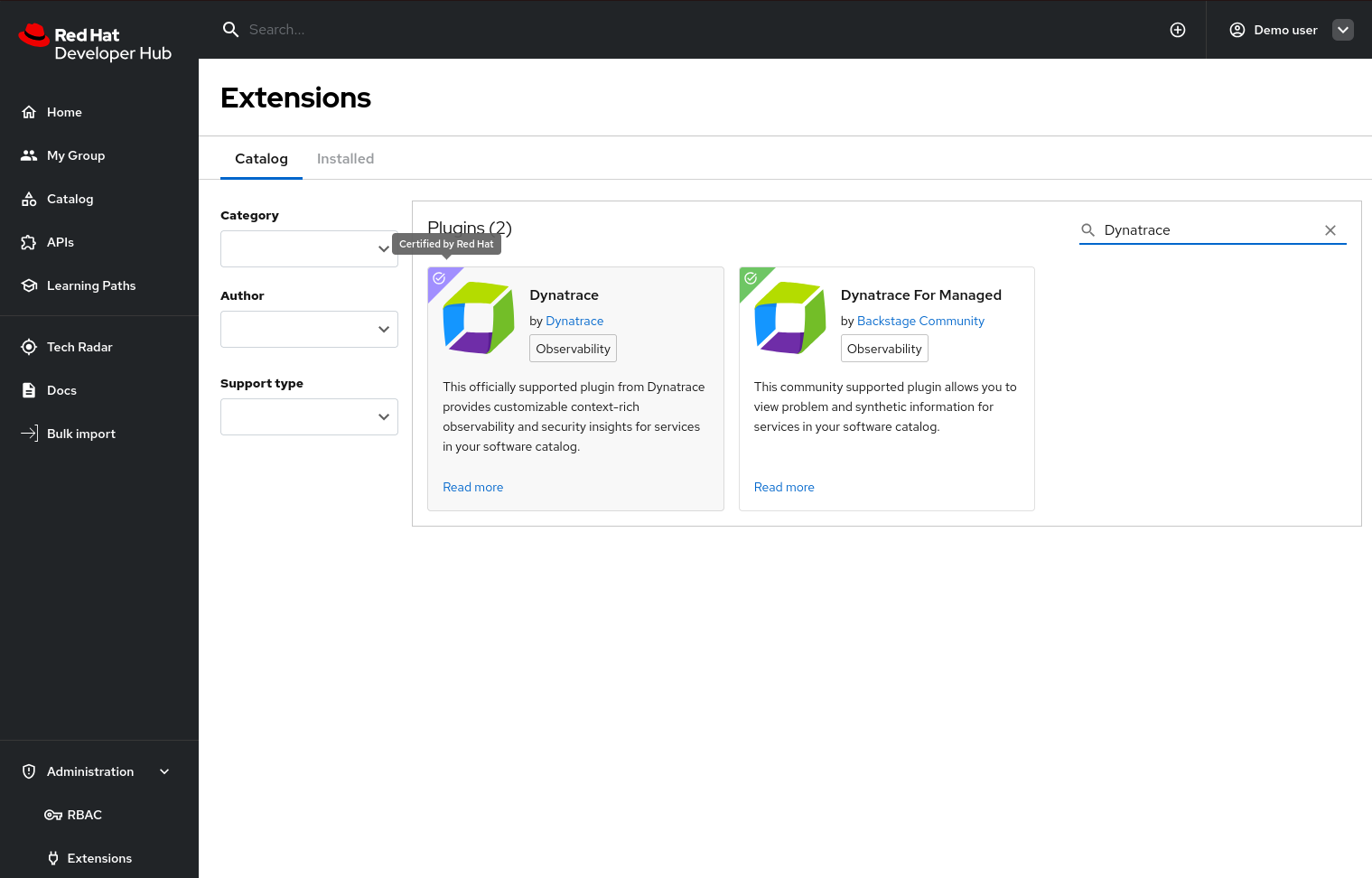 Extensions catalog with a Dynatrace search