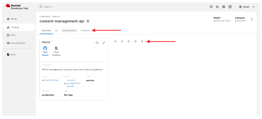 Entity view showing the Feedback tab and StarredRatingButtons