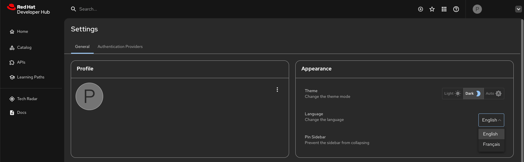 Language dropdown in the Appearance panel