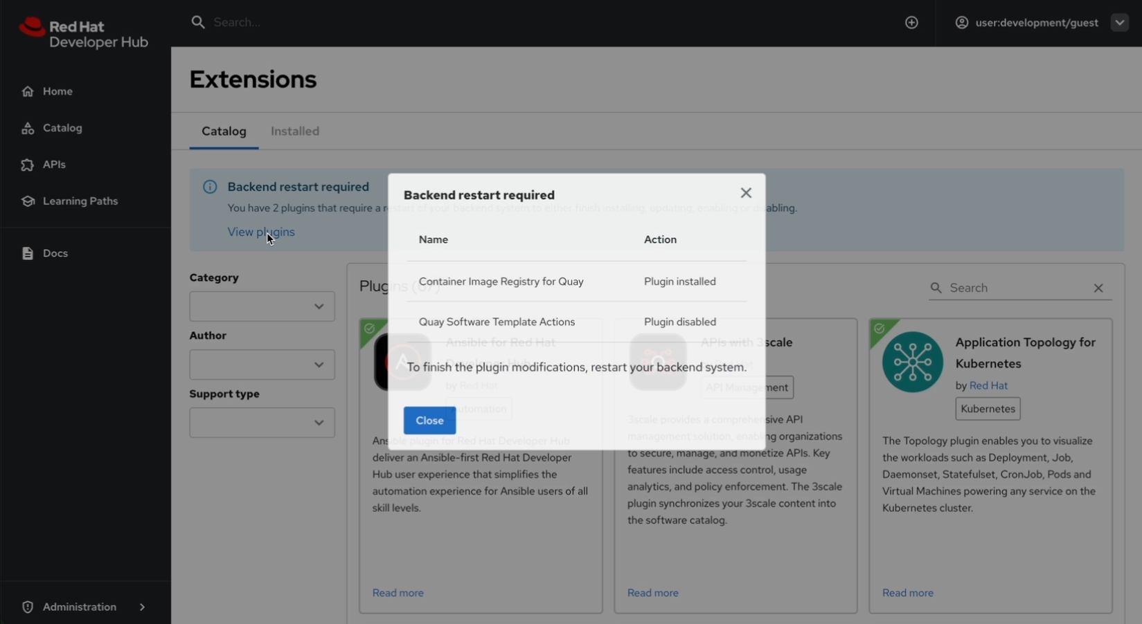 Alert showing plugins that require a restart