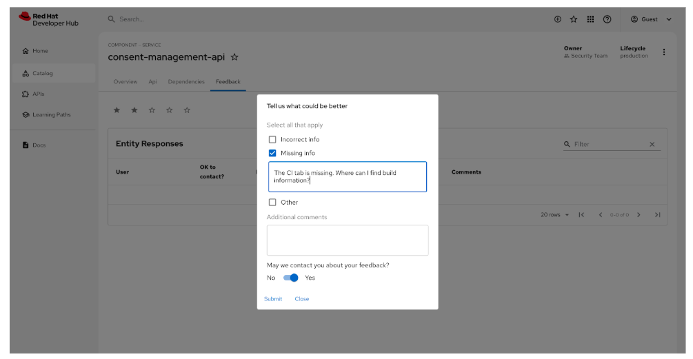 Feedback overlay dialog prompting for user feedback