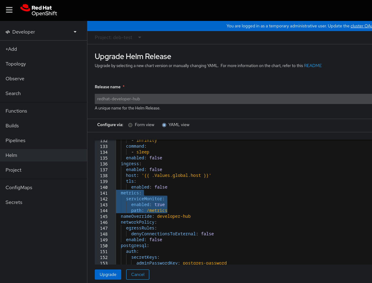 YAML view showing the metrics configuration section