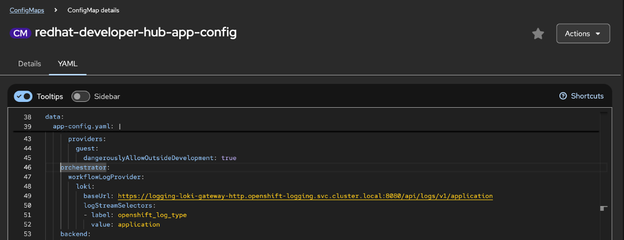 Loki workflow log provider configuration in the ConfigMap