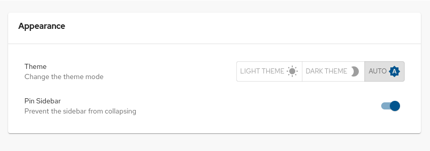 Theme mode selection in the Appearance panel