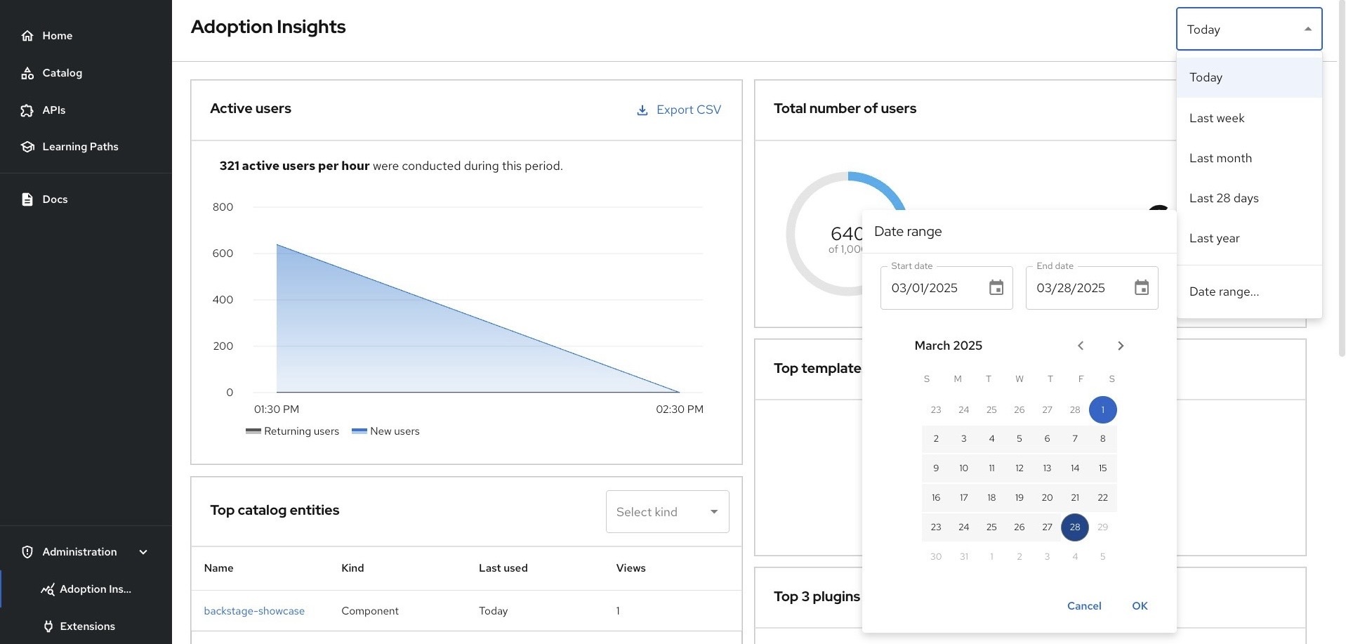 Date range selector in the Adoption Insights plugin