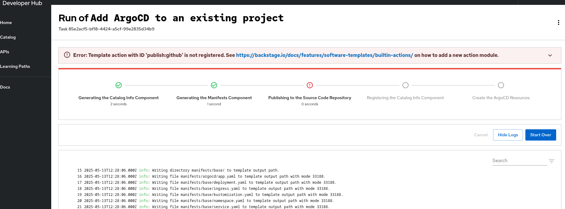 Failed template creation page