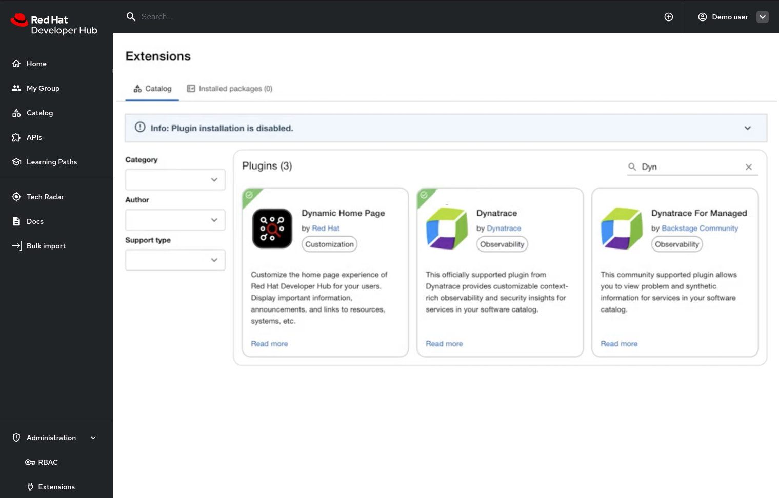 Extensions catalog with a Dynatrace search