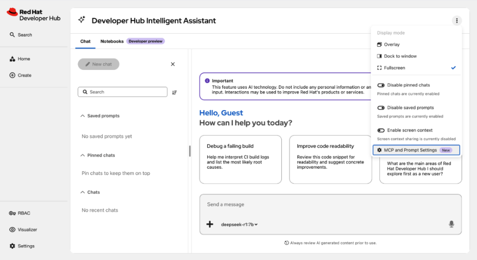 Chatbot options menu in the header with MCP and Prompt Settings highlighted