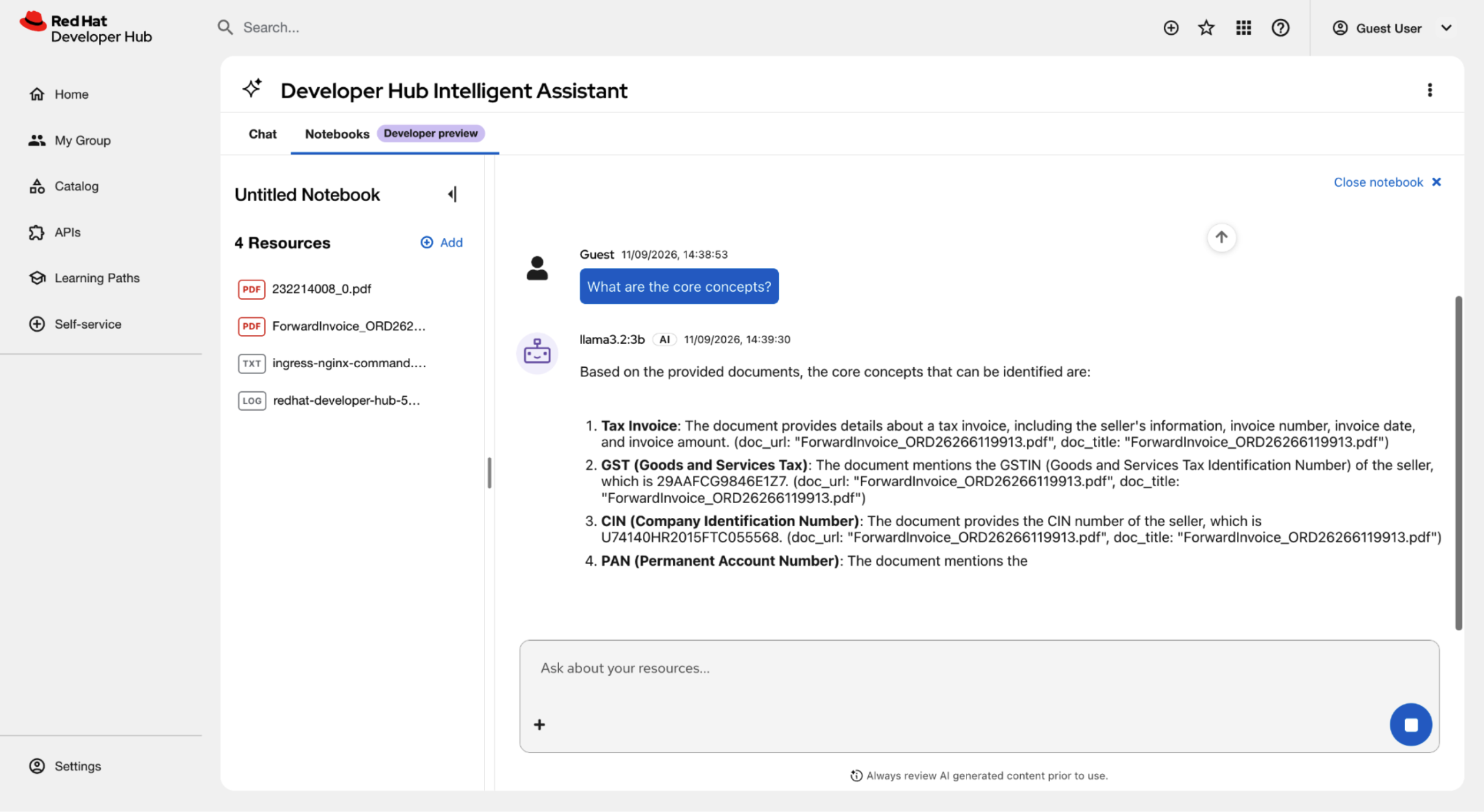 Intelligent assistant Notebook chat preview