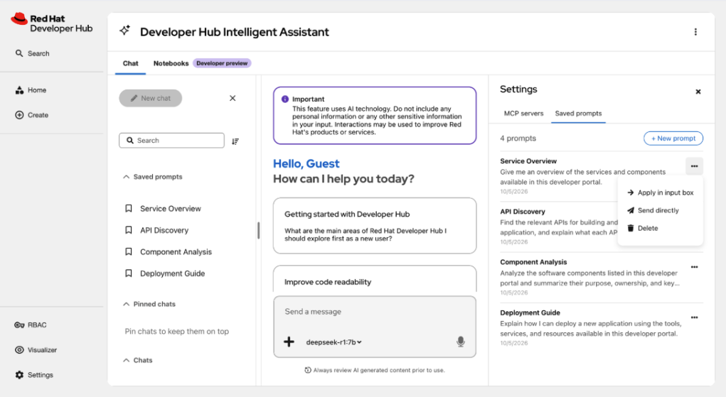 Saved prompts tab and sidebar section with a prompt’s options menu open on Apply in input box, Send directly, and Delete