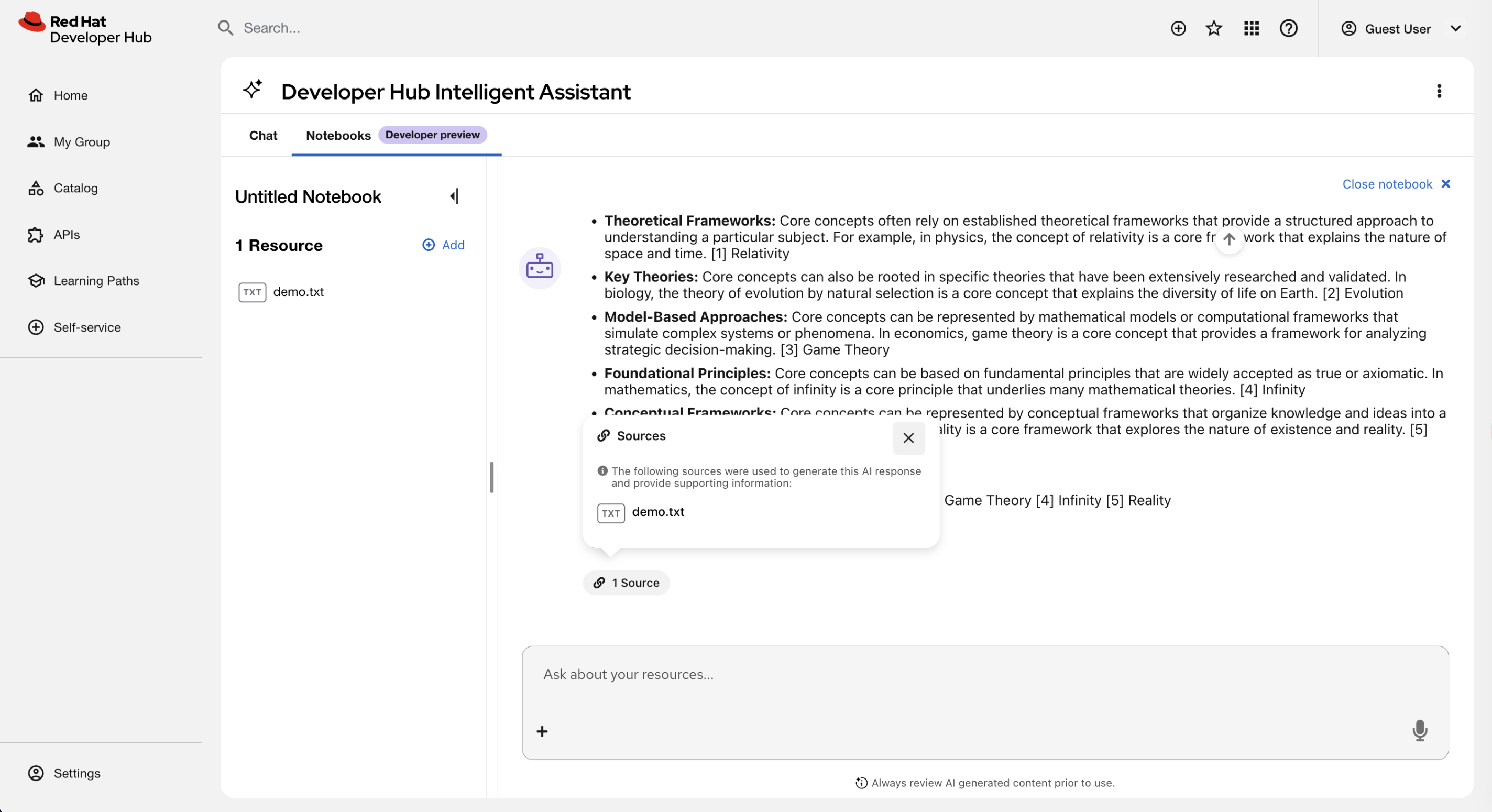 Sources popover listing the documents used to generate the AI response