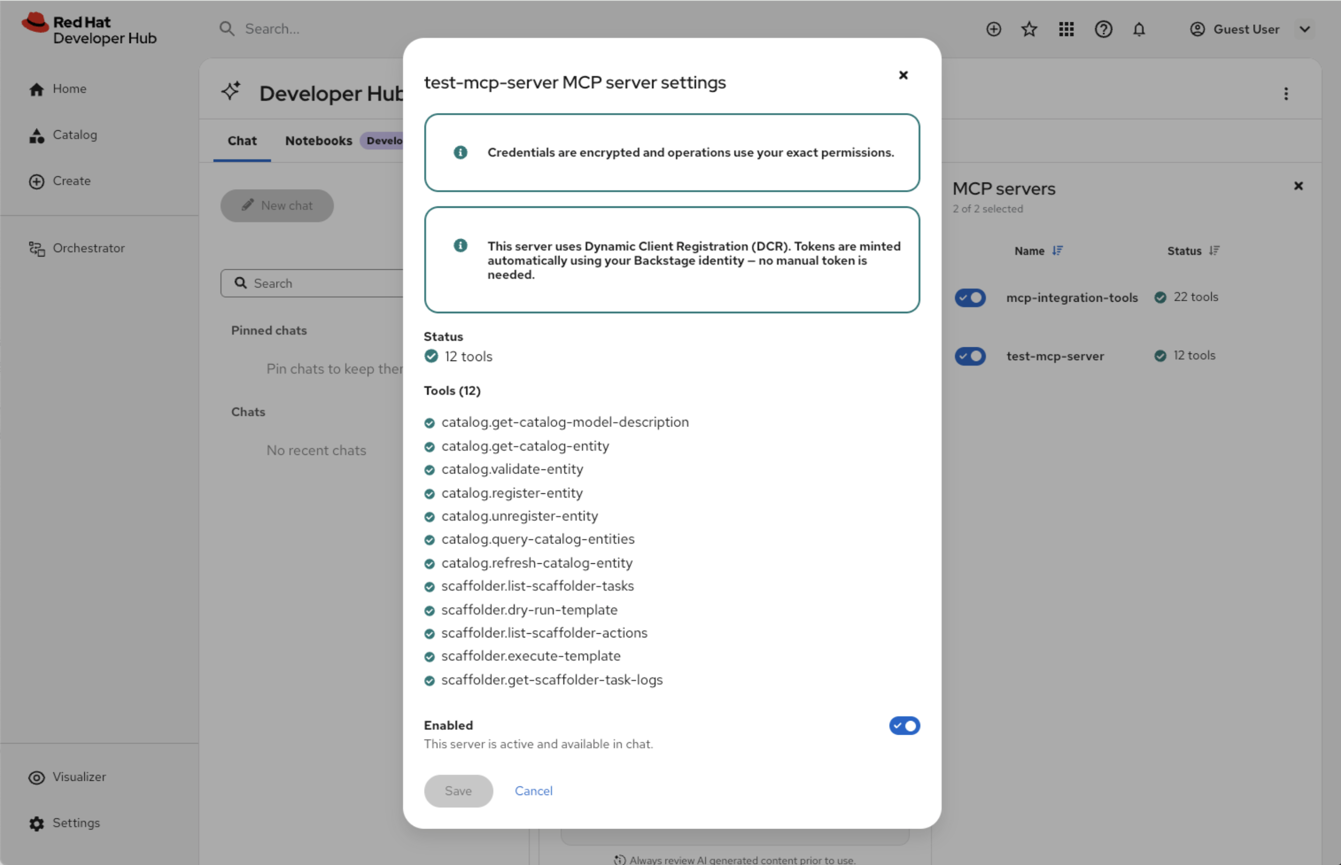 MCP server settings modal for a server that uses DCR authentication