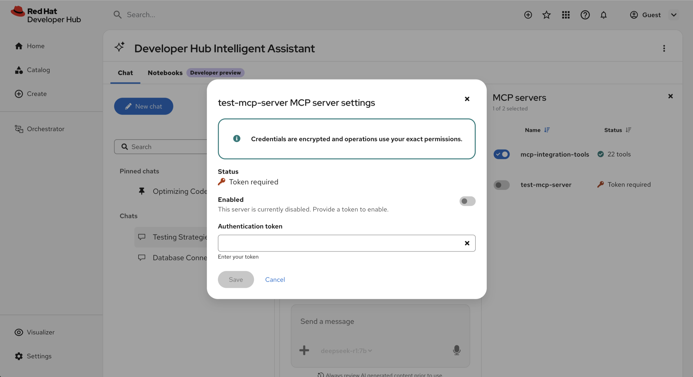 MCP server settings modal with a personal Authentication token field