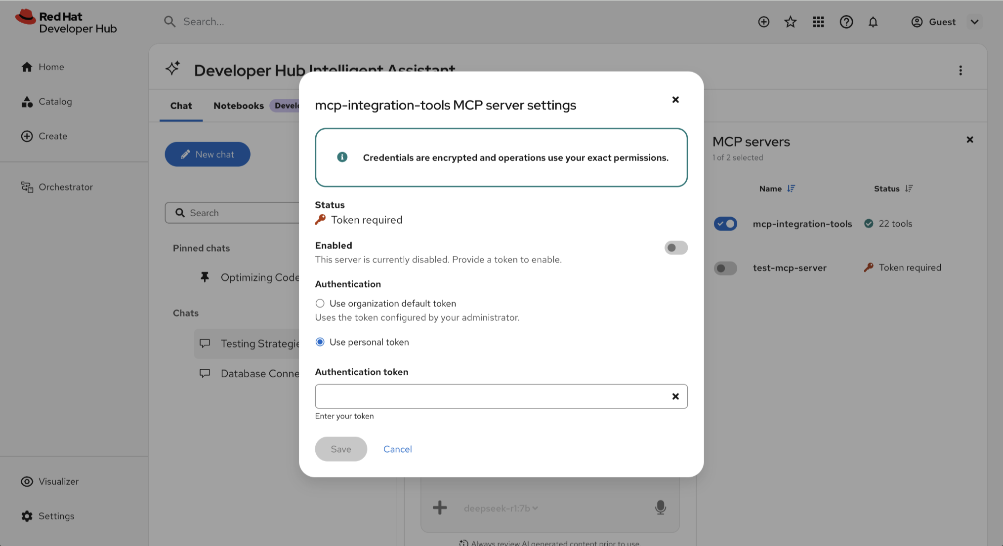 MCP server settings modal with organization default token and personal token options