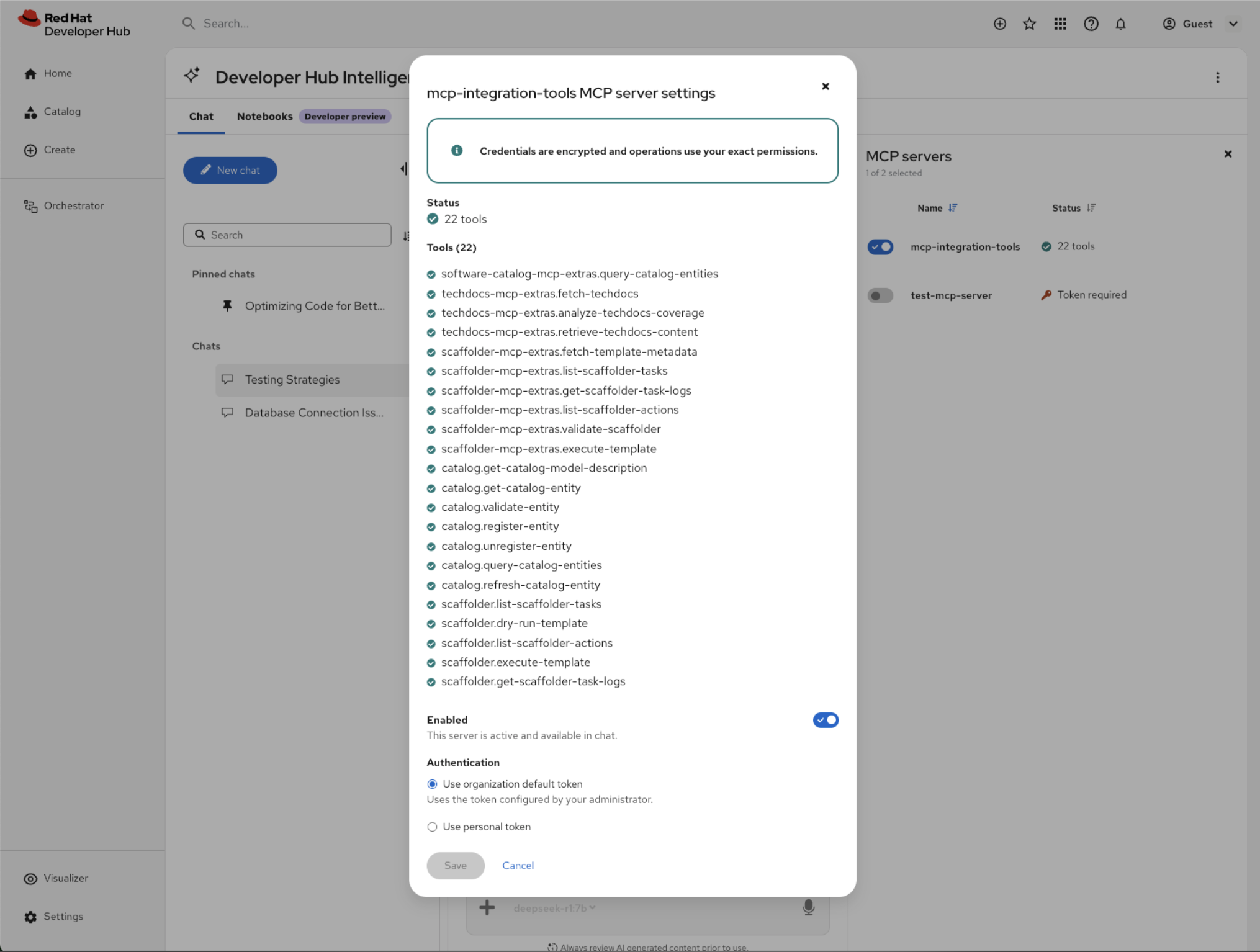 MCP server settings modal showing status, available tools, and authentication options
